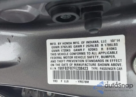 2015 Honda Civic Ex из США, поврежденный, VIN 19XFB2F87FE208423